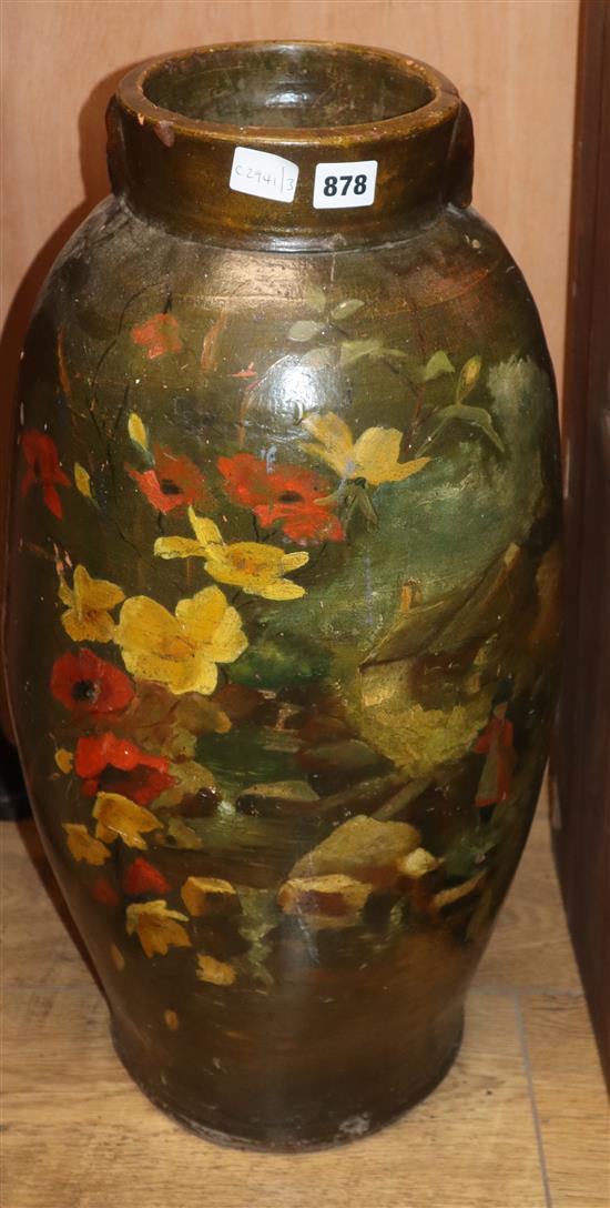 A large painted earthenware vase/stickstand